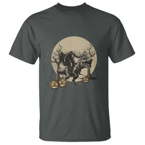 Funny Halloween Gift T Shirt Headless Horseman Riding A Dino TS12 Dark Heather Print Your Wear