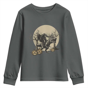 Funny Halloween Gift Youth Sweatshirt Headless Horseman Riding A Dino TS12 Dark Heather Print Your Wear