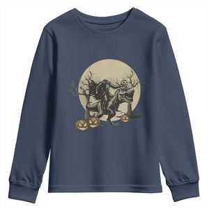 Funny Halloween Gift Youth Sweatshirt Headless Horseman Riding A Dino TS12 Navy Print Your Wear