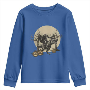 Funny Halloween Gift Youth Sweatshirt Headless Horseman Riding A Dino TS12 Royal Blue Print Your Wear