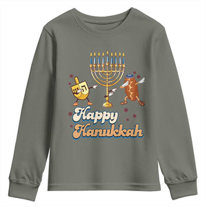 Funny Hanukkah Youth Sweatshirt Dab Dreidel Menorah Challah Gift TS12 Military Green Print Your Wear