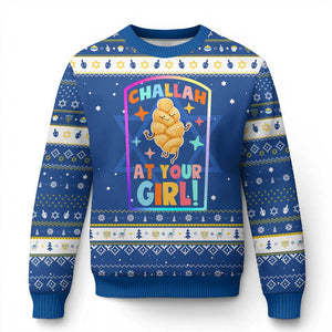 Funny Challah At Ya Girl Hanukkah Ugly Sweater Jewish Chanukah Bread Gift TS12 Blue White Print Your Wear