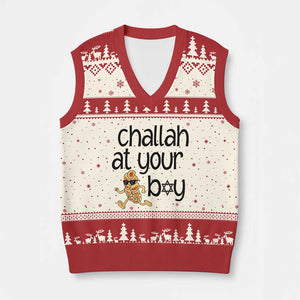 Festival Of Lights Gift V-Neck Knit Sweater Vest Hanukkah Challah At Ya Boy TS12 Beige Red Print Your Wear