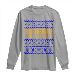 Funny Ugly Hanukkah Long Sleeve Shirt Deck The Halls With Matzo Balls Jewish Gift TS12 Sport Gray Print Your Wear