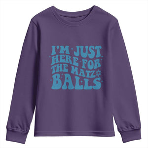 Funny Hanukkah Youth Sweatshirt Im Just Here For The Matzo Balls Jewish Gift TS12 Purple Print Your Wear