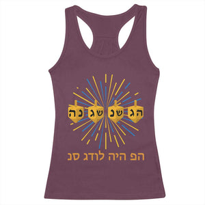 Hanukkah Dreidel Hebrew Quote Racerback Tank Top Nes Gadol Haya Po Jewish Gift TS12 Maroon Print Your Wear