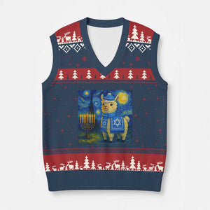 Starry Hanukkah Night V-Neck Knit Sweater Vest Funny Llama Jewish Holiday Gift TS12 Navy Red Print Your Wear