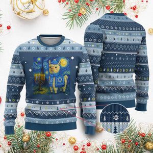 Starry Night Inspired Hanukkah Ugly Sweater Funny Llama Jewish Holiday Gift TS12 Navy Light Blue Print Your Wear