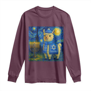 Starry Hanukkah Night Long Sleeve Shirt Funny Llama Jewish Holiday Gift TS12 Maroon Print Your Wear