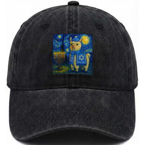 Starry Hanukkah Night Washed Cotton Baseball Cap Funny Llama Jewish Holiday Gift TS12 Print Your Wear