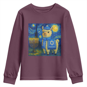 Starry Hanukkah Night Youth Sweatshirt Funny Llama Jewish Holiday Gift TS12 Maroon Print Your Wear