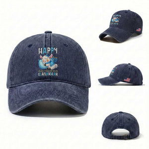Funny Happy Llamakkah Washed Cotton Baseball Cap Cute Llama Jewish Holiday Gift TS12 Washed Cap Universal Fit Navy Print Your Wear