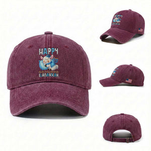 Funny Happy Llamakkah Washed Cotton Baseball Cap Cute Llama Jewish Holiday Gift TS12 Washed Cap Universal Fit Burgundy Print Your Wear