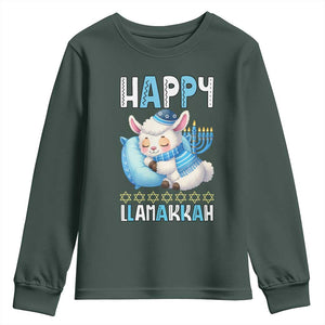 Funny Happy Llamakkah Youth Sweatshirt Cute Llama Jewish Holiday Gift TS12 Dark Forest Green Print Your Wear