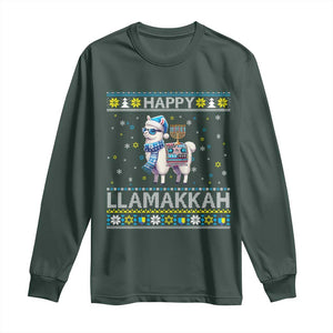 Happy LLamakkah Long Sleeve Shirt Funny Llama Ugly Hanukkah Christmas Gift TS12 Dark Forest Green Print Your Wear
