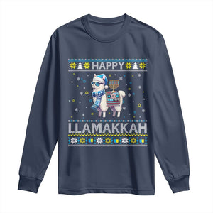 Happy LLamakkah Long Sleeve Shirt Funny Llama Ugly Hanukkah Christmas Gift TS12 Navy Print Your Wear