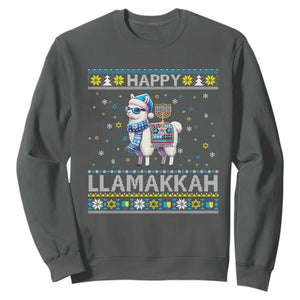Happy LLamakkah Sweatshirt Funny Llama Ugly Hanukkah Christmas Gift TS12 Dark Heather Print Your Wear