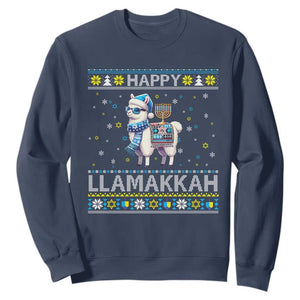 Happy LLamakkah Sweatshirt Funny Llama Ugly Hanukkah Christmas Gift TS12 Navy Print Your Wear