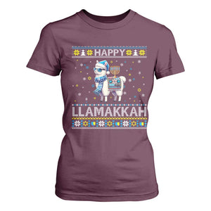 Happy LLamakkah T Shirt For Women Funny Llama Ugly Hanukkah Christmas Gift TS12 Maroon Print Your Wear