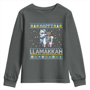 Happy LLamakkah Youth Sweatshirt Funny Llama Ugly Hanukkah Christmas Gift TS12 Dark Heather Print Your Wear