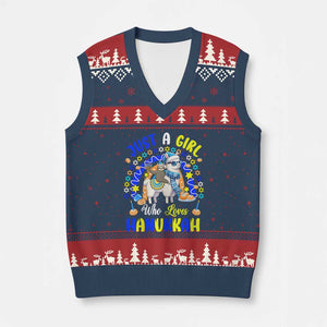 A Girl Loves Hanukkah V-Neck Knit Sweater Vest Funny Sloth On Llama Jewish Holiday Gift TS12 Navy Red Print Your Wear
