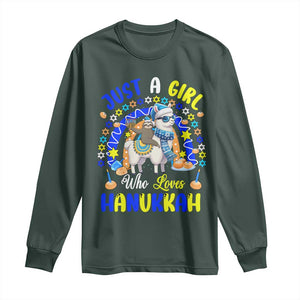 A Girl Loves Hanukkah Long Sleeve Shirt Funny Sloth On Llama Jewish Holiday Gift TS12 Dark Forest Green Print Your Wear