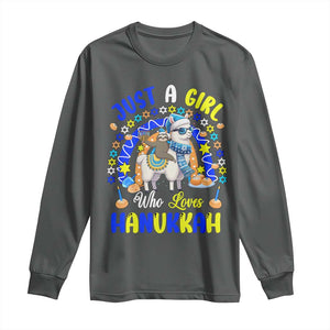 A Girl Loves Hanukkah Long Sleeve Shirt Funny Sloth On Llama Jewish Holiday Gift TS12 Dark Heather Print Your Wear