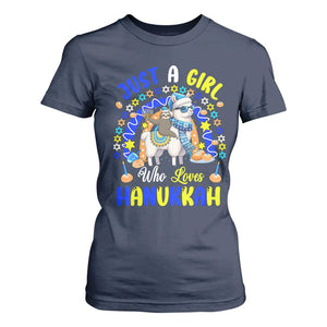 A Girl Loves Hanukkah T Shirt For Women Funny Sloth On Llama Jewish Holiday Gift TS12 Navy Print Your Wear
