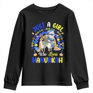 A Girl Loves Hanukkah Youth Sweatshirt Funny Sloth On Llama Jewish Holiday Gift TS12 Black Print Your Wear