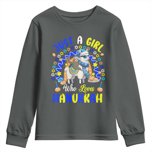 A Girl Loves Hanukkah Youth Sweatshirt Funny Sloth On Llama Jewish Holiday Gift TS12 Dark Heather Print Your Wear