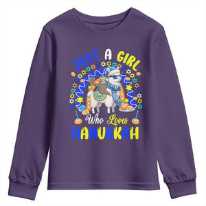 A Girl Loves Hanukkah Youth Sweatshirt Funny Sloth On Llama Jewish Holiday Gift TS12 Purple Print Your Wear