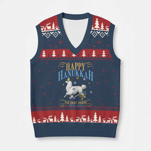 Funny Happy Hanukkah Llama Be Our Guest For Eight Nights Gift V-Neck Knit Sweater Vest Funny Hanukkah Gift TS12 Navy Red Print Your Wear