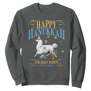 Funny Happy Hanukkah Llama Be Our Guest For Eight Nights Gift Sweatshirt Funny Hanukkah Gift TS12 Dark Heather Print Your Wear