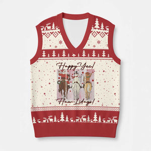 Western Xmas Horse Rider V-Neck Knit Sweater Vest Happy Yee Haw Lidays TS12 Beige Red Print Your Wear