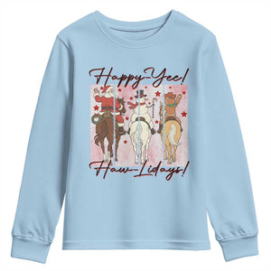 Western Christmas Horse Rider Youth Sweatshirt Happy Yee Haw Lidays TS12 Light Blue Print Your Wear