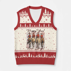 Happy Yee Haw Lidays V-Neck Knit Sweater Vest Western Xmas Horse Rider Cowgirl Gift TS12 Beige Red Print Your Wear