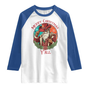 Howdy Santa Merry Christmas Y'all Raglan Shirt Funny Western Holiday Gift TS12 White Royal Print Your Wear