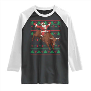 Funny Black Santa Riding Bull Raglan Shirt Ugly Christmas Sweater Gift TS12 Black White Print Your Wear