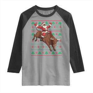 Funny Black Santa Riding Bull Raglan Shirt Ugly Christmas Sweater Gift TS12 Sport Gray Black Print Your Wear