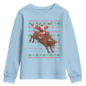Funny Black Santa Riding Bull Youth Sweatshirt Ugly Christmas Sweater Gift TS12 Light Blue Print Your Wear