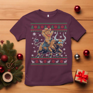 Funny Gingerbread Man Riding Bull T Shirt Cowboy Western Rodeo Christmas Gift TS12 Maroon Print Your Wear