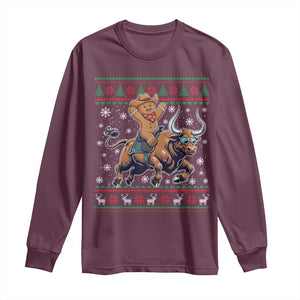 Funny Gingerbread Man Riding Bull Long Sleeve Shirt Cowboy Western Rodeo Christmas Gift TS12 Maroon Print Your Wear