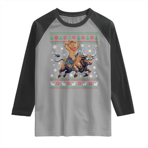 Funny Gingerbread Man Riding Bull Raglan Shirt Cowboy Western Rodeo Christmas Gift TS12 Sport Gray Black Print Your Wear