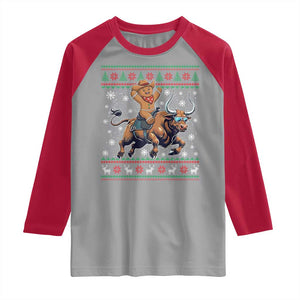 Funny Gingerbread Man Riding Bull Raglan Shirt Cowboy Western Rodeo Christmas Gift TS12 Sport Gray Red Print Your Wear