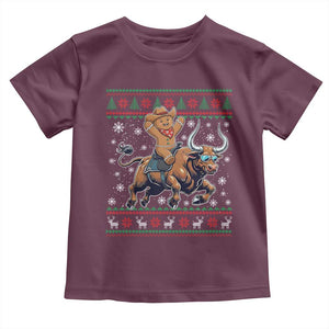 Funny Gingerbread Man Riding Bull Toddler T Shirt Cowboy Western Rodeo Christmas Gift TS12 Maroon Print Your Wear