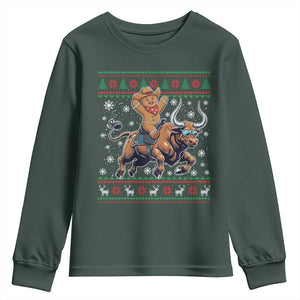 Funny Gingerbread Man Riding Bull Youth Sweatshirt Cowboy Western Rodeo Christmas Gift TS12 Dark Forest Green Print Your Wear
