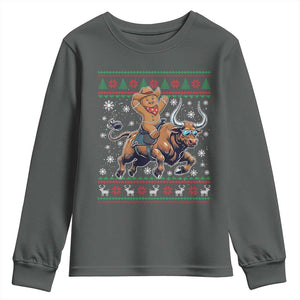 Funny Gingerbread Man Riding Bull Youth Sweatshirt Cowboy Western Rodeo Christmas Gift TS12 Dark Heather Print Your Wear