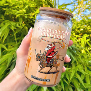 Merry Buckin Christmas Glass Can Black Santa Western Rodeo Gift TS12 White Print Your Wear