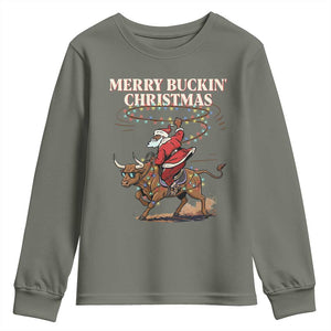 Merry Buckin Christmas Youth Sweatshirt Black Santa Western Rodeo Gift TS12 Military Green Print Your Wear