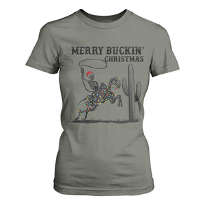 Merry Buckin Christmas T Shirt For Women Funny Skeleton Santa Horse Rider TS12 Military Green Print Your Wear